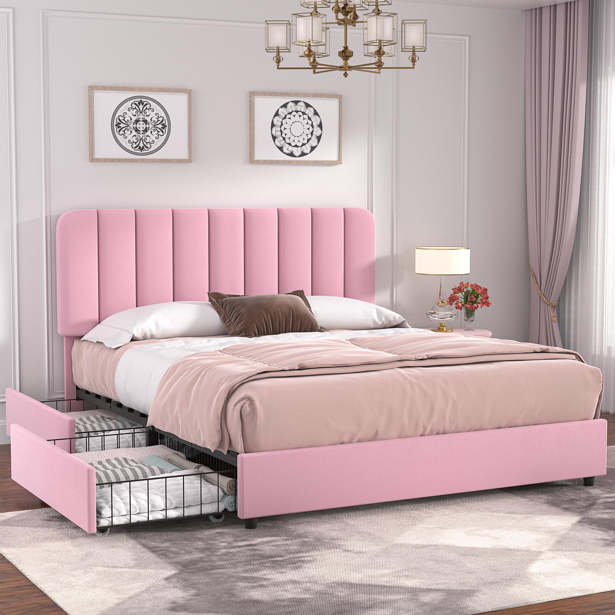 VECELO Queen Size Upholstered Bed Frame with 4