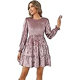 R.Vivimos Women's Fall Winter Crushed Velvet Dress Long Sleeve Crew Neck Elastic Smocked A-Line Tiered Ruffle Mini Dress