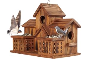 MIXUMON Bird Houses for Outside with Bird Feeder, Outdoor 3 Hole Bird House Room for 3 Bird Families Bluebird Finch Cardinals Hanging Birdhouse for Garden