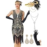 MTITE 1920s Flapper Dresses for Women, Great Gatsby Dresses Roaring 20s, Fringed Sequin Costume with Accessories Set