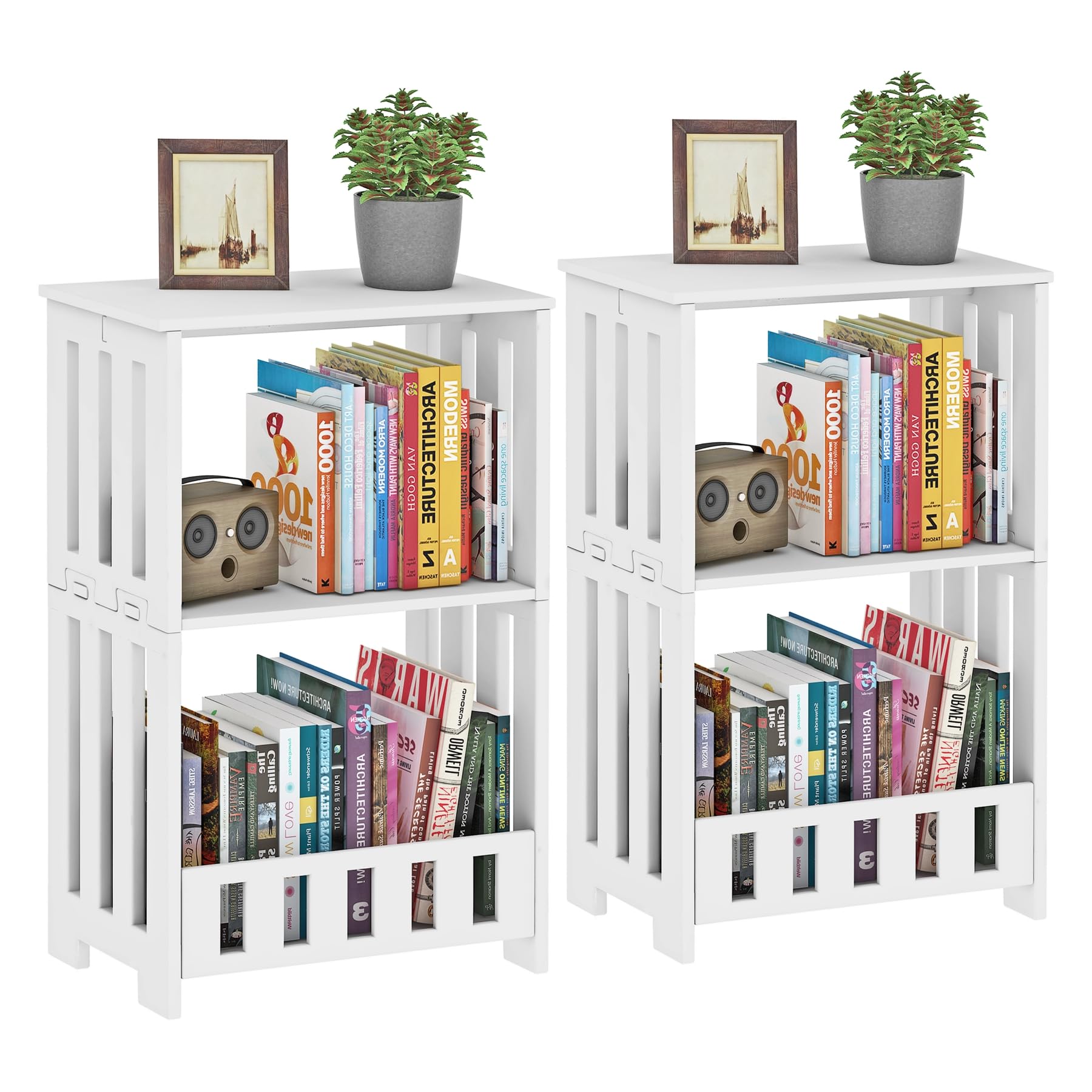 Photo 1 of HAYOFAMY 3-Tier End Table Night Stand Set of 2, White Side Table with Storage Shelf, Small Bookshelf Bedside Table for Bedroom, Living Room, Office, Bathroom