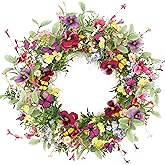 AMF0RESJ Artificial Spring Wreaths for Front Door Pansy Wreath Summer Wreath with Colorful Pansy,Berry,Daisy for Front Door Indoor Outdoor Farmhouse Home Wall Window Festival Decoration