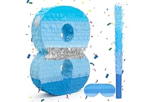Birchio Number 8 Pinata Bundle with a Blindfold and Bat(16.2 x 11.6 x 4 Inches), Perfect for Boys and Girls Birthday Party Supplies, Blue Theme Birthday Decoration