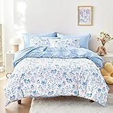 Wake In Cloud - Floral Bedding Set for Girls, Cute Colorful Botanical Flowers Patterned Soft Lightweight Comforter Set with Sheets, 5 Pieces Kids Bed in a Bag, Blue White, Twin Size