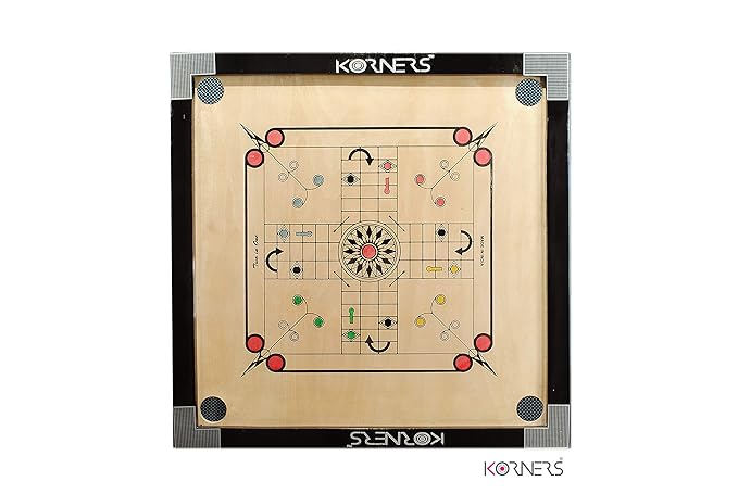 KORNERS Sky Medium Size Carrom with Ludo Board Including Coins, Striker, Powder & Ludo Coins (Round Pocket)