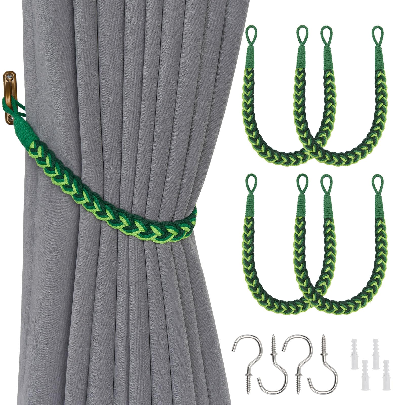 Pretty Jolly 4 Pack Natural Cotton Rope Curtain Tiebacks Elegant Boho Style Decorative Drape Tie Backs Soft Hand-Woven Rope Curtain Holdbacks with Metal Hook for Home Office Drapery (Gradient Green)