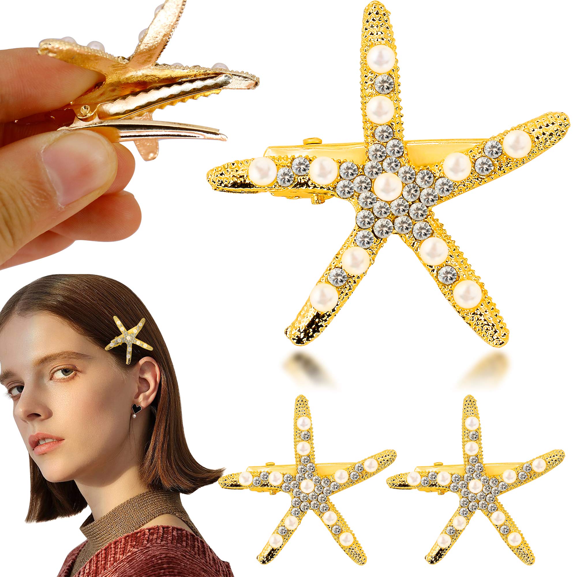 2 Pcs Starfish Hair Clip Pins Sea Beach Hair Barrettes Accessories Metal Flower Girl Accessories for Wedding (Gold)