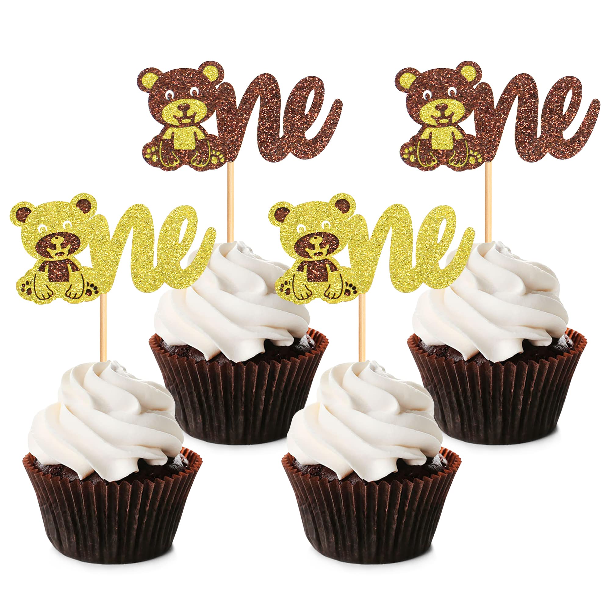 Blumomon 24Pcs Bear One Cupcake Toppers Glitter Teddy Bear Baby Cupcake Picks Baby Shower Cupcake Decorations Kids One Birthday Baby Shower Cake Decorations Party Supplies