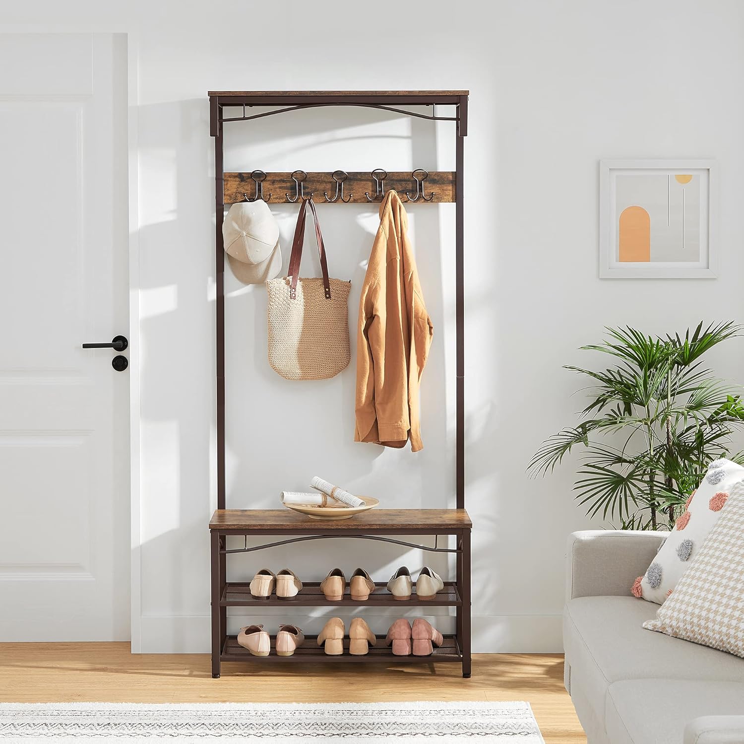 VASAGLE Industrial Coat Rack, 3-in-1 Hall Tree, Entryway Shoe Bench Coat Stand, Storage Shelves Accent Furniture Metal Frame Large Size: Furniture & Decor