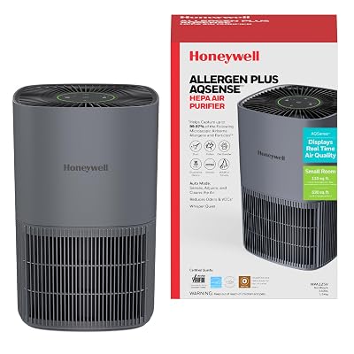 Honeywell Allergen Plus Compact HEPA Small Room Air Purifiers for Home, Up to 530 Ft² Coverage, 3-in-1 Filter, Pet Dander, Smoke & Odor Reducer Air Quality Sensor with Auto Mode, Grey, HPA125V