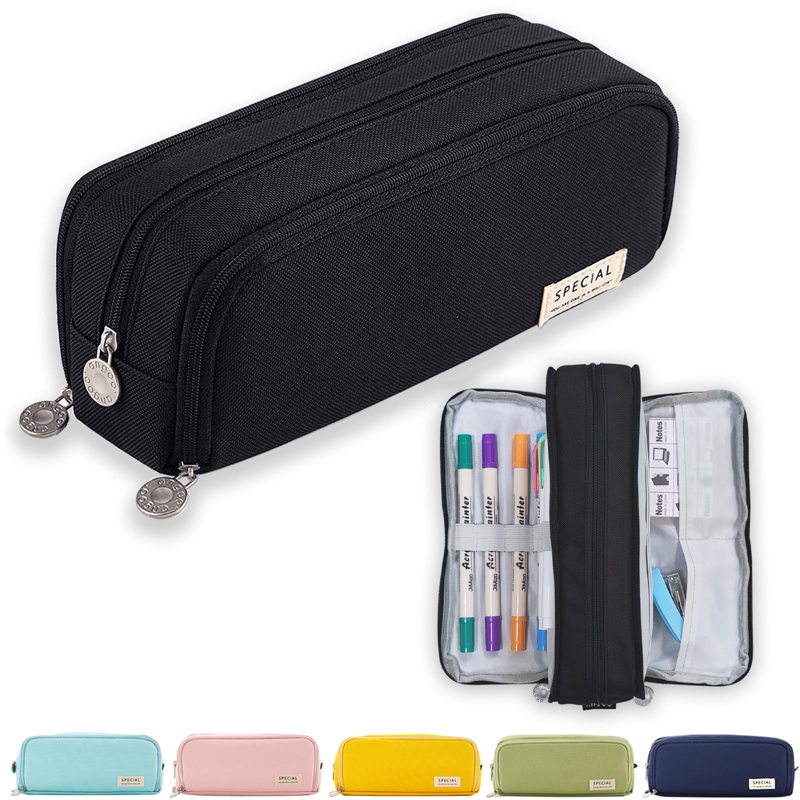 X SIM FITNESSX Pencil Case for Teens and Girls - 3 Compartments - Large Capacity - School and Office (Black)
