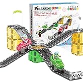 PicassoTiles Magnet Tile Race Car Track Construction Building Block Toy Kit with Character Action Figures and Racing Cars Magnetic Tiles STEM Educational Learning Pretend Play Blocks Kids Age 3+ PTR05