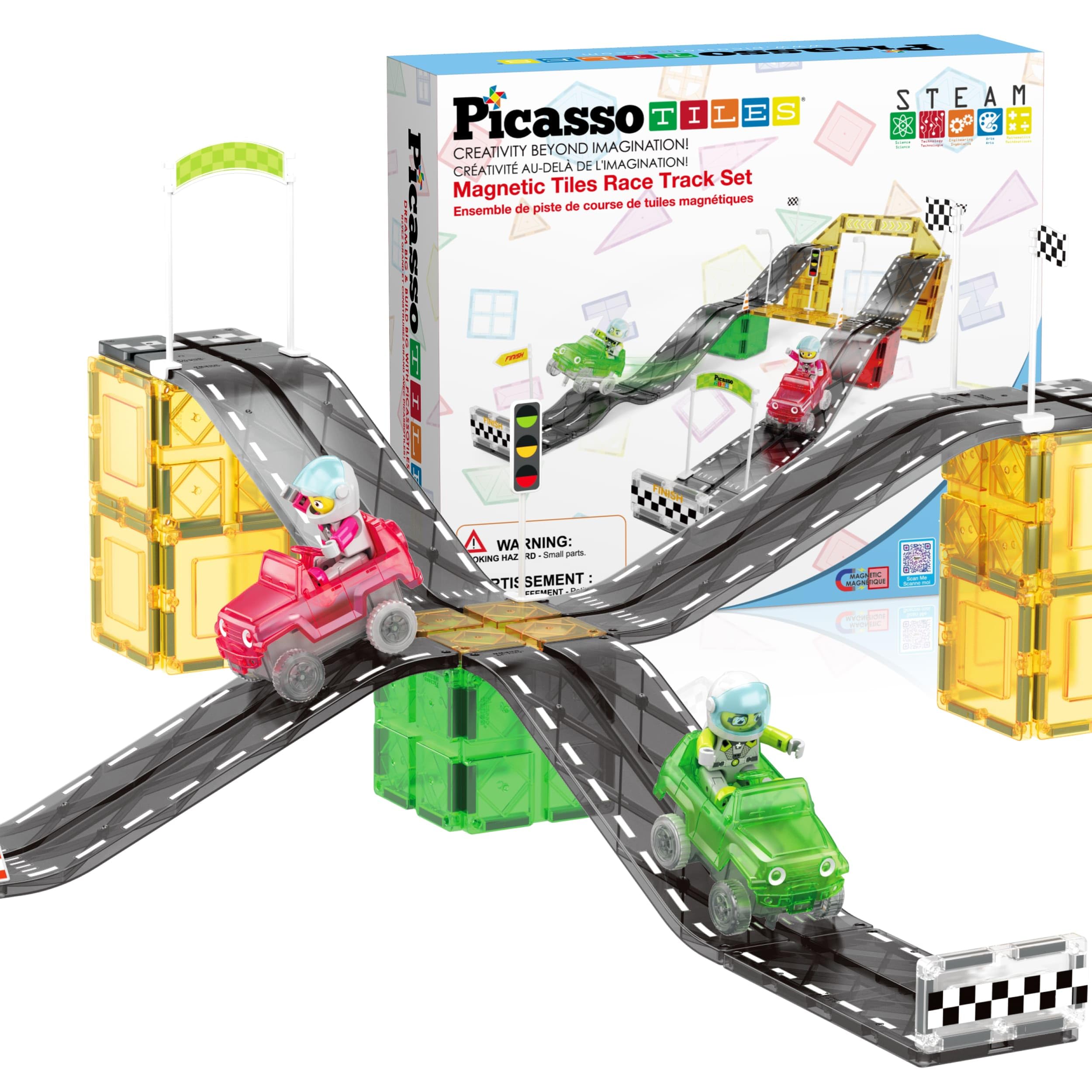 PicassoTiles Magnet Tile Race Car Track Construction Building Block Toy Kit with Character Action Figures and Racing Cars Magnetic Tiles STEM Educational Learning Pretend Play Blocks Kids Age 3+ PTR05 Image
