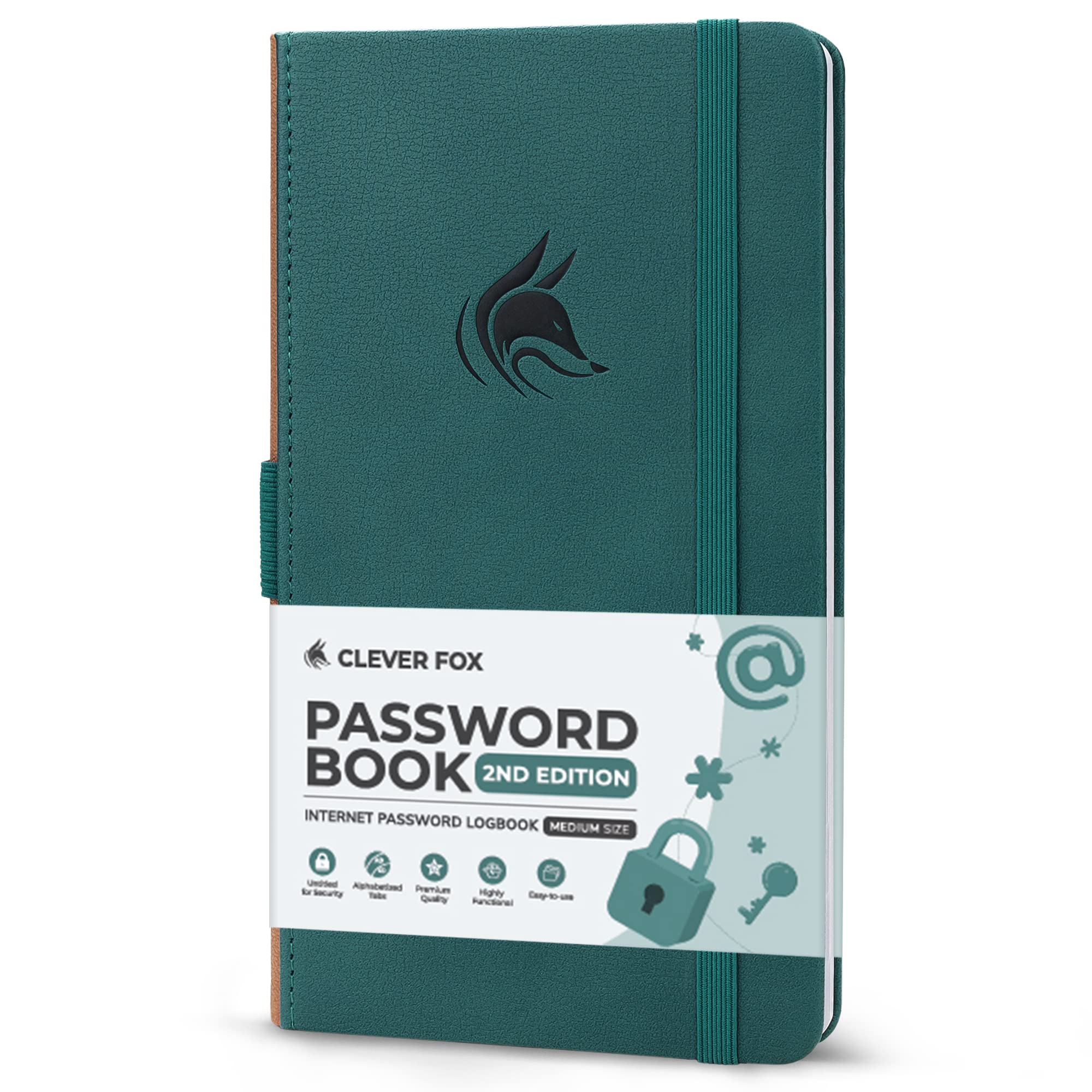 Clever Fox Password Book 2nd Edition – Hardcover Password Keeper with Laminated Alphabetical Tabs – Internet Address Notebook & Login Details Organizer Journal – 10.4x19.3cm (Dark Teal)