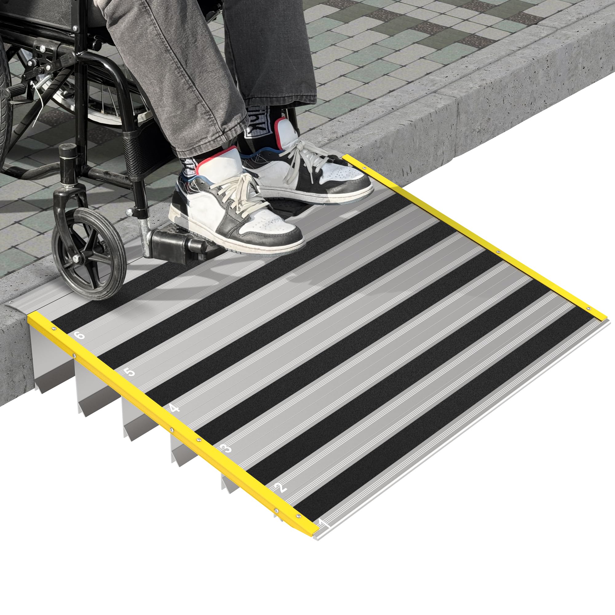 Photo 1 of Nuvium 6" Rise Door Threshold Ramps for Doorways, Stable Yellow Edge, Aluminum Wheelchair Ramp for Home Steps, Adjustable Modular Entry Ramp for Scooters, Power Chairs, 880LBS Load Capacity