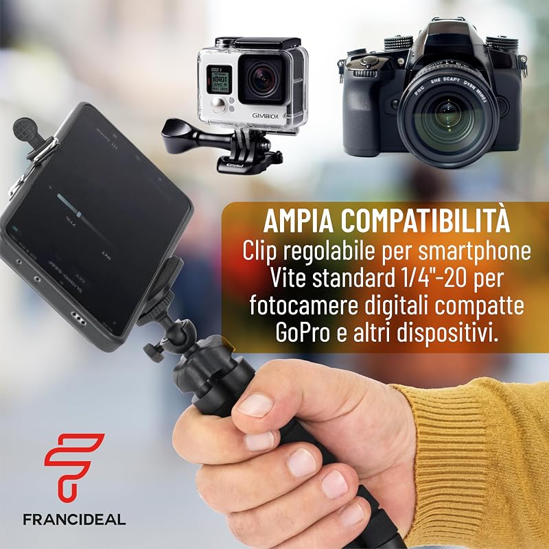 FRANCIDEAL - Cavalletto per Smartphone con Gambe a Polipo, Testa 360°, Compatto e Leggero