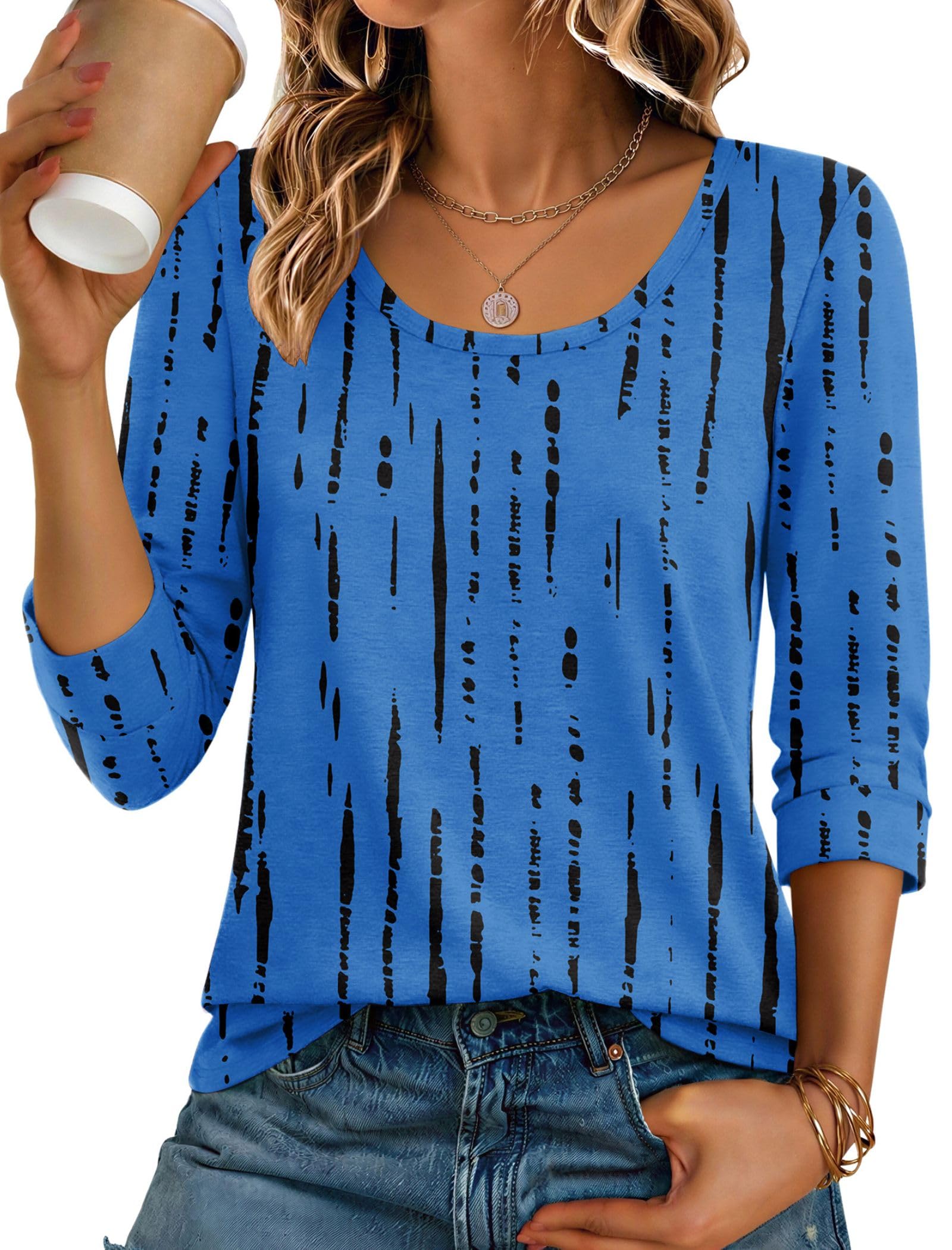 Ekouaer 3/4 Sleeve Womens Tops Scoop Neck T Shirts 2026 Casual Basic Tees | Casual Tops,Cute Basic Tops Vacation Outfits,Comfy Basic Tees,Loose Fit Tops For All-Season Daily Wear,available in S-3XL