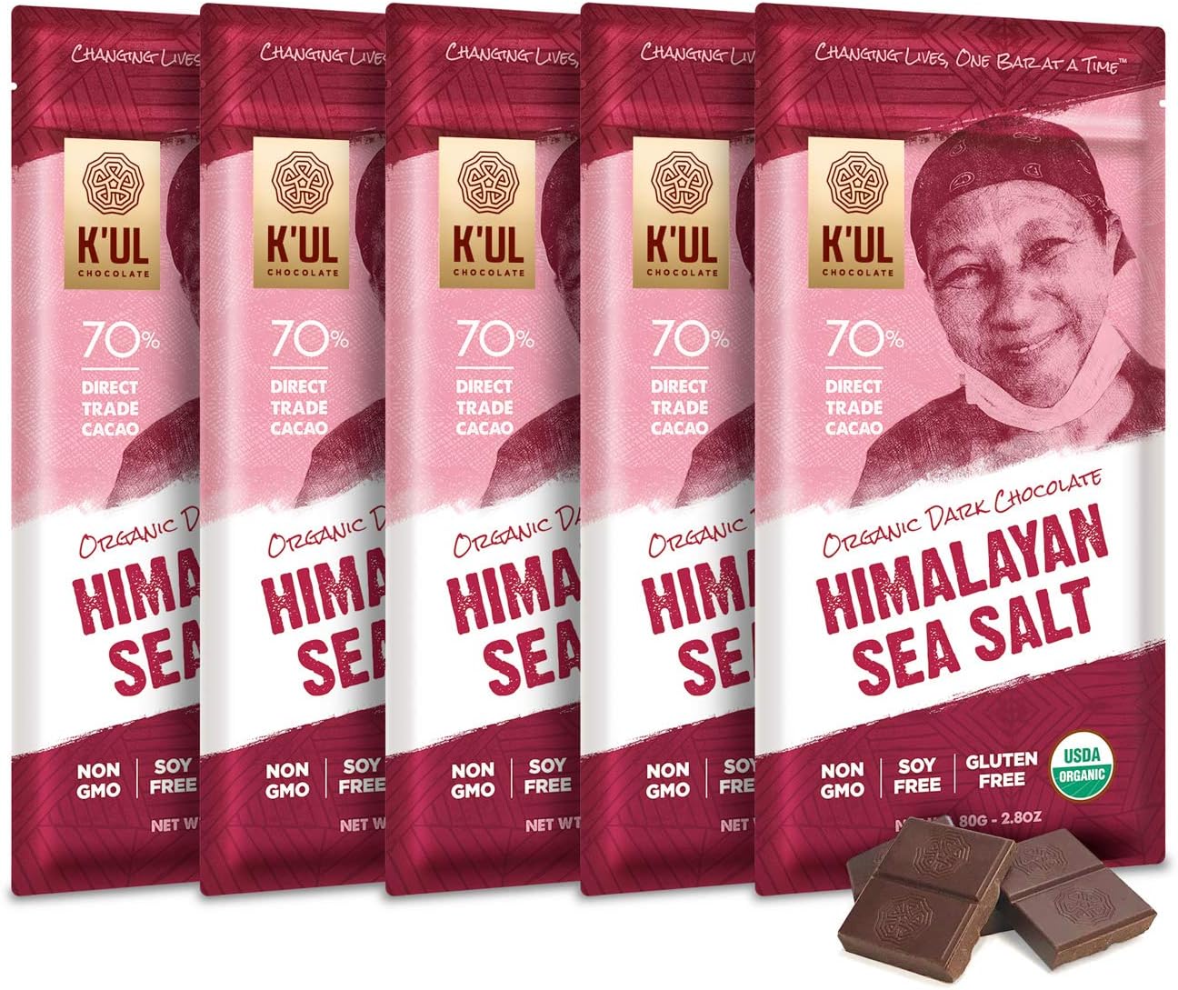 K'UL Chocolate Bars | 5 Pack Himalayan Sea Salt Dark Chocolate 70% Cacao |Organic, Vegan Chocolate, Gluten Free, Soy Free, Non-GMO, Bean-to-Bar, Fair Trade Dark Chocolate