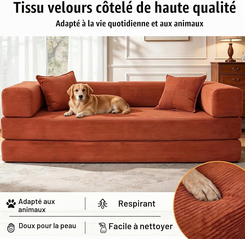 5 en 1 Versatile Canapé Compressé, Fabriqué en Velours Côtelé de Haute Qualité avec Forme de Mémoire Haute Densité, 160cm Canapé Convertible 2 Places pour Appartement, Orange