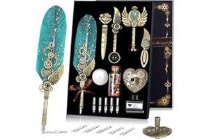 NC Quill Pen and Ink Set, Feather Calligraphy Pen, Wax Seal Stamp - Valentine's Day Gift, Holiday Ideal for Writing Lovers (Green)