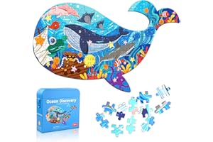 Jigsaw Puzzles for Kids Ages 4-8, Whale Shaped Cardboard Puzzles for Animal Lovers, Sturdy Puzzles Box and Poster, Educationa
