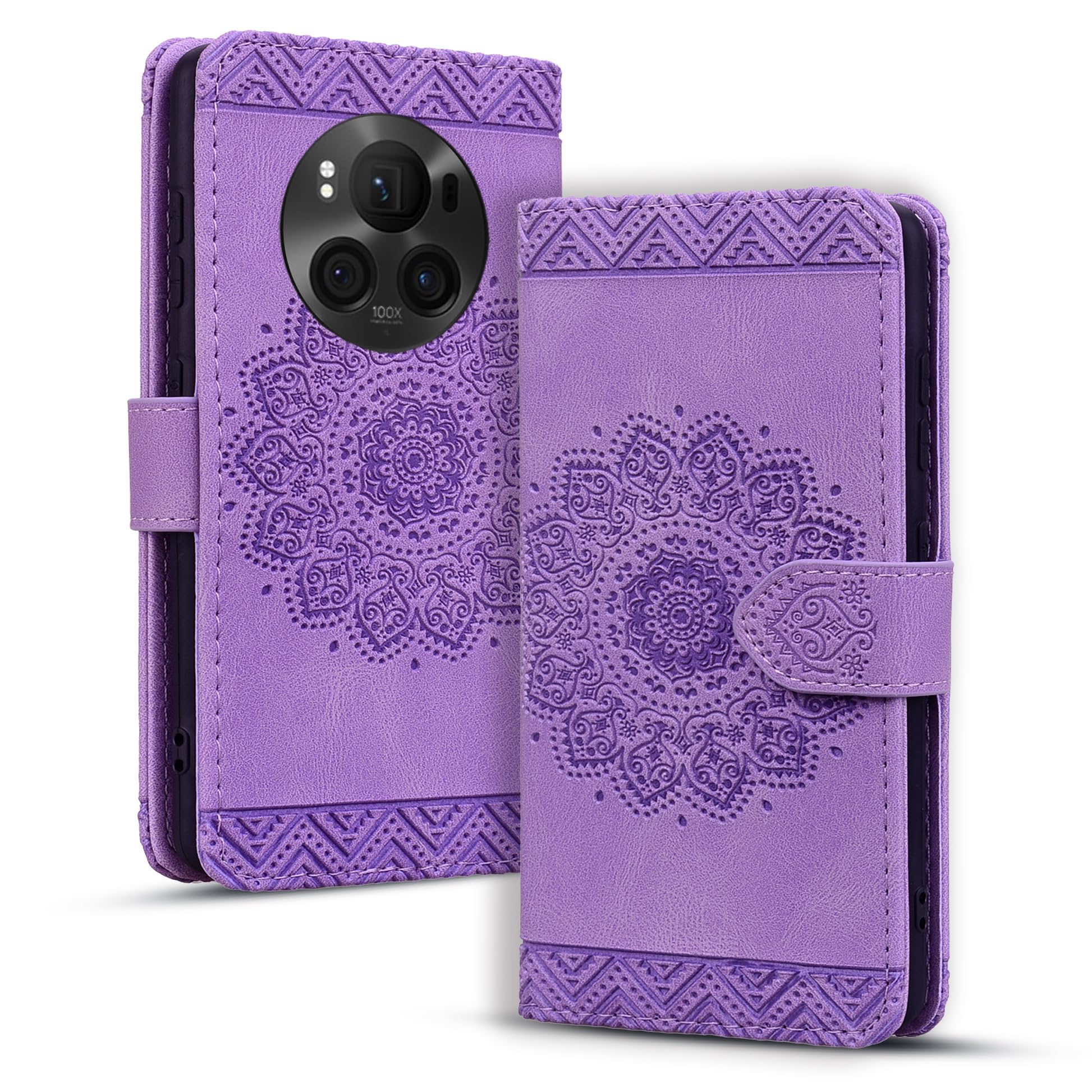 Rosbtib Case for Honor Magic6 Pro Case Mandala Embossed Leather Case with Magnetic Closure Stand Function Card Slots Cover for Honor Magic 6 Pro - Purple