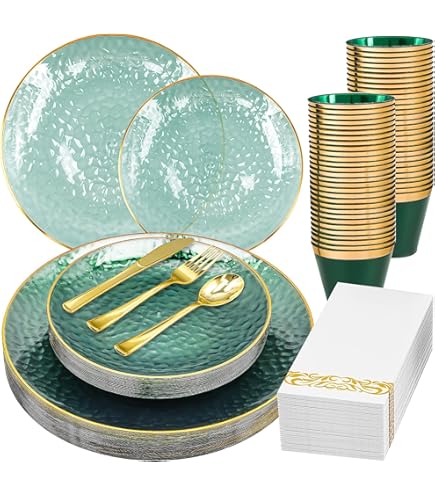 PLASTICPRO 32-Piece Green Hammered Party Plates - 16 Small & 16 Large St. Patrick's Day Dishes