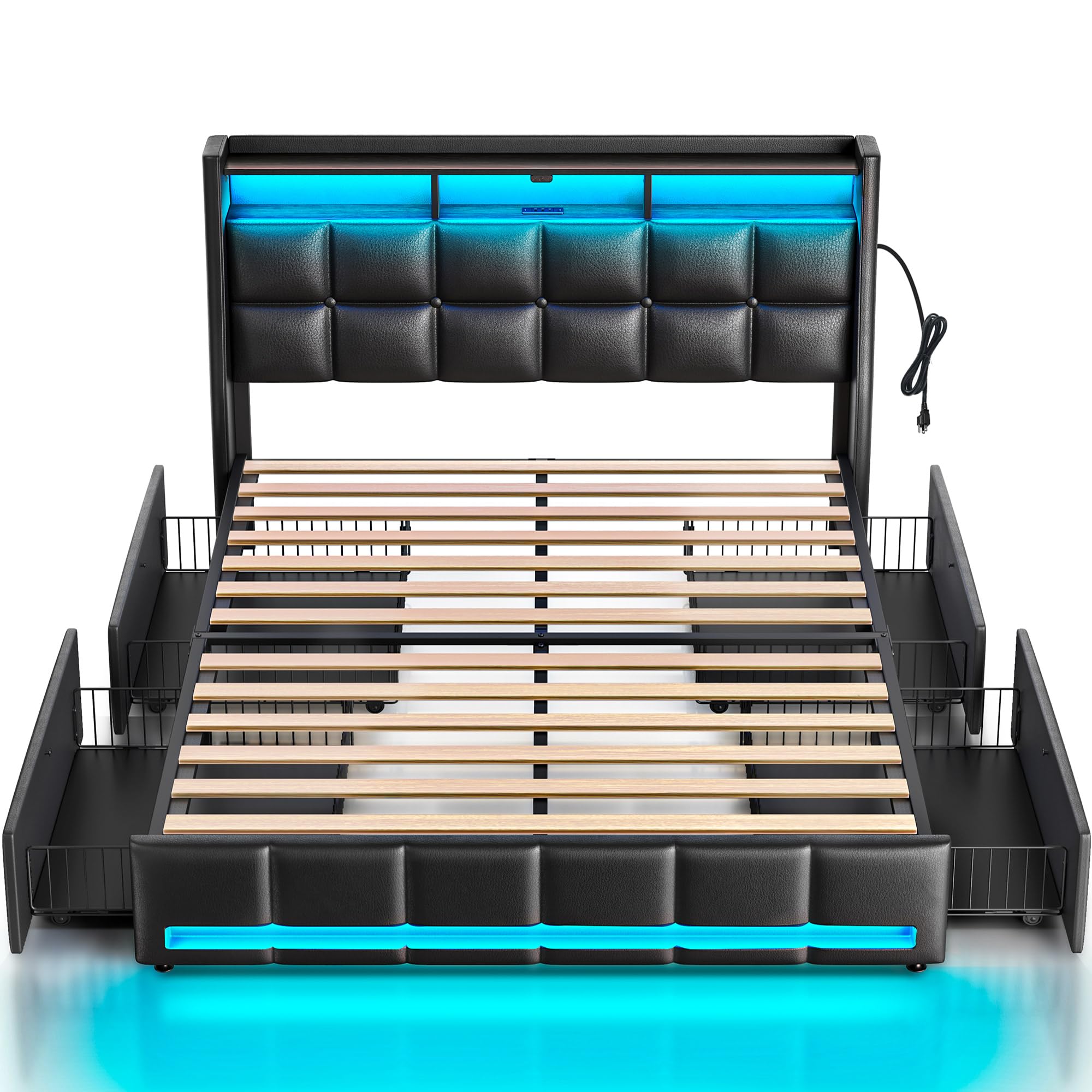 Rolanstar Queen Size Bed Frame with LED Lights and Charging Station, PU Leather Bed Storage Headboard & Drawers, Heavy Duty Wood Slats, Easy Assembly, Black Image