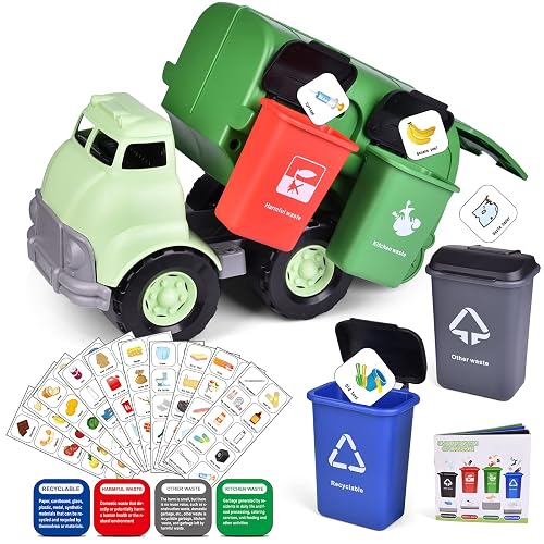 Loader Flash Card FUN LITTLE TOYS Garbage Truck Toy with 4 Rear Loader Trash Cans and ...