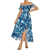 GRACE KARIN Women's Floral Print Maxi Dress Off Shoulder Smocked A Line Flowy Ruffle Wedding Guest Dresses with Pockets