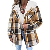 Zeagoo Womens Plaid Shacket Jacket Long Sleeve Fleece Hooded Jackets Fall Winter Warm Coat S-2XL