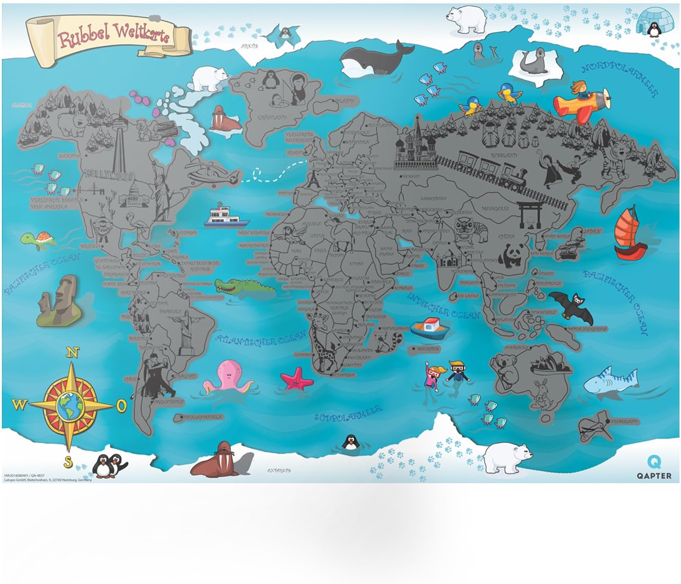 Qapter Children's Multi-Coloured Scratch Paper World Map Poster – 59.5 x 42 x 0.1 cm, Scratchable World Map, Great Memories of previous Travels