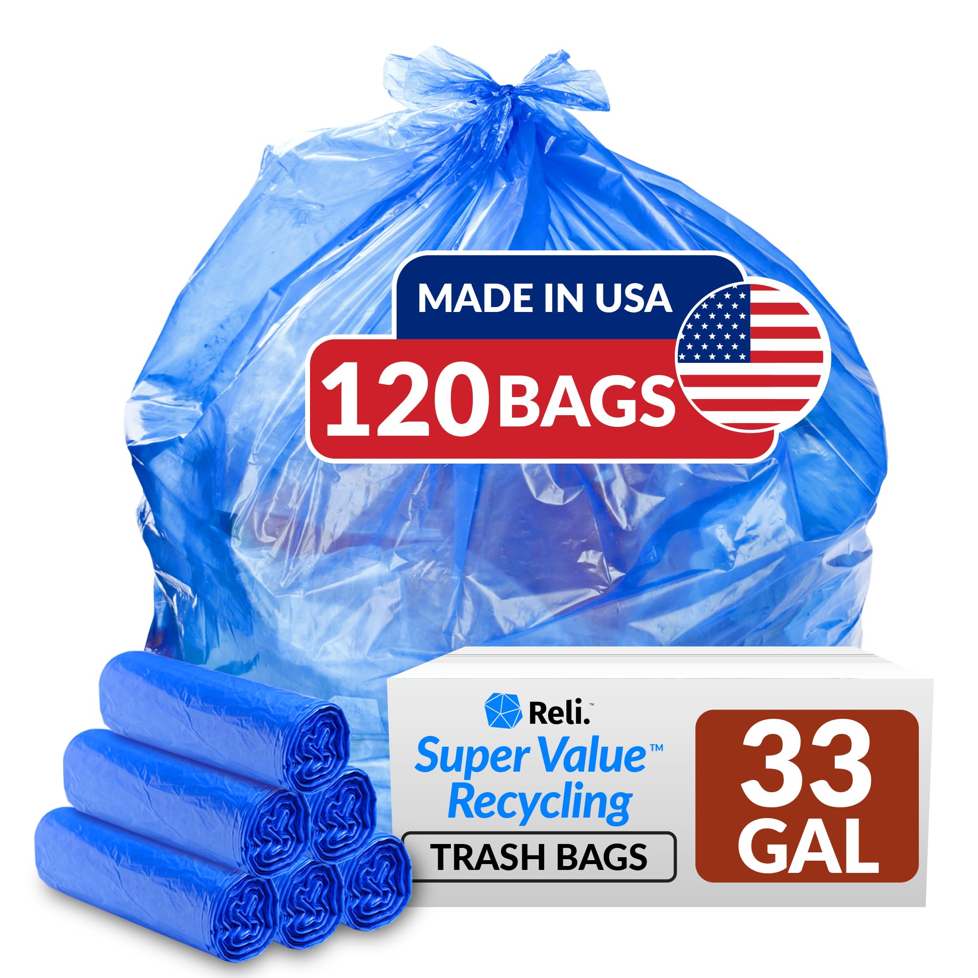 Photo 1 of Reli. SuperValue 33 Gallon Recycling Bags (120 Count) Made in the USA - Blue Trash Bags, 30-33 Gallon | Recycling, Garbage | 33Gal with 30Gal - 35Gal Capacity