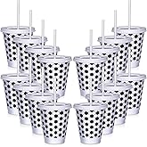 Ziliny 12 Pcs Soccer Party Cups with Straws and Lids Bulk 16 oz Plastic Water Soccer Cups for Birthday Supplies Reusable Sports Party Decoration for Sports Event