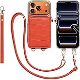 Keallce for iPhone 17 Pro 6.3'' Wallet Case, Crossbody Zipper Purse with 4 Card Slots RFID Blocking, Lanyards & Wrist Straps, Flip Leather Folio Cover with Kickstand for iPhone 17 Pro, Orange