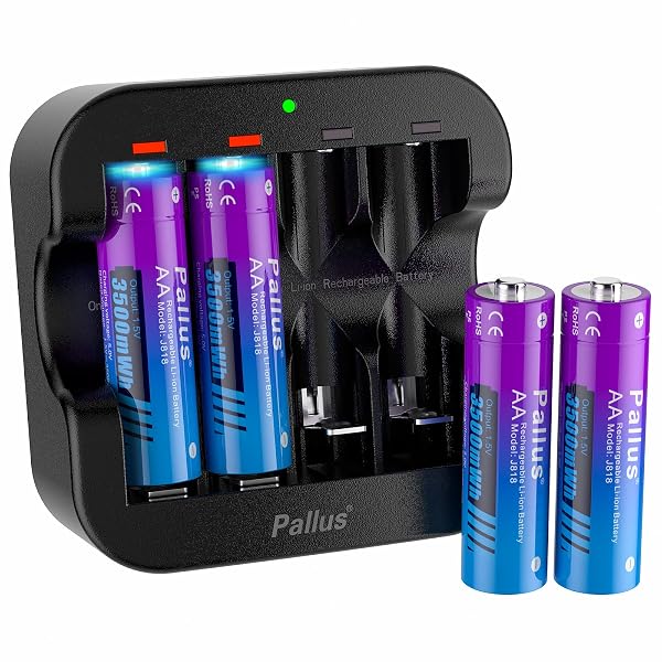 PALLUS 1.5V LITHIUM AA RECHARGEABLE BATTERIES, 4-PACK 3500MWH RECHARGEABLE AA BATTERIES AND FAST CHARGING FOR HOUSEHOLD OFFICE, OUTDOOR BLINK CAMERA, TOYS, HIGH CAPACITY, LONG-LASTING, 1600 CYCLES