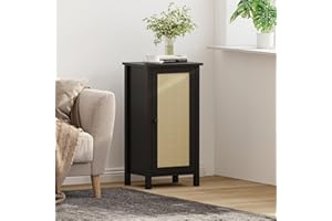 Garvee Rattan Small End Side Table, Black Accent Nightstand with 2-Tier Storage, Rectangular Modern Bedside Table with Wood L