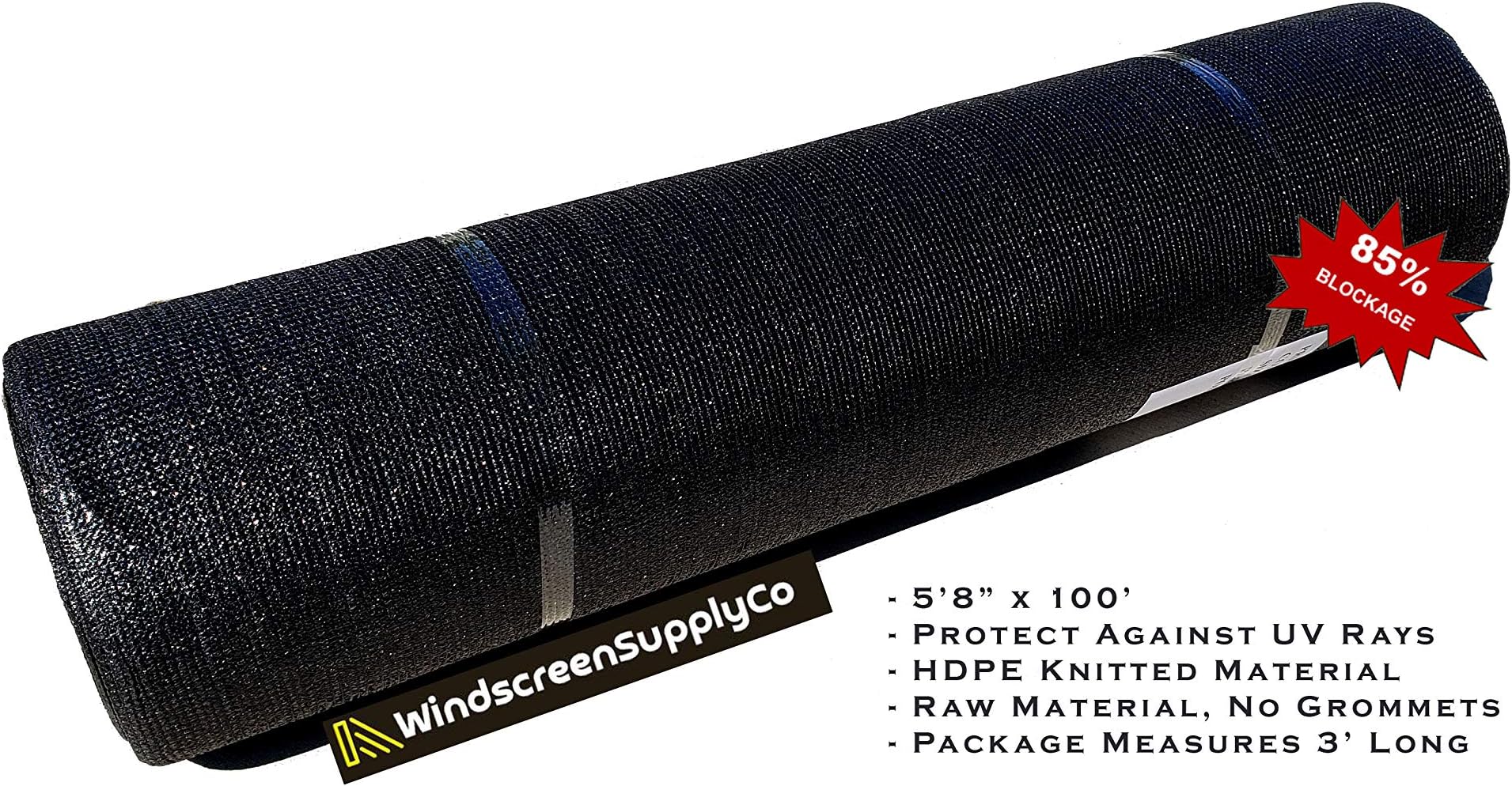 FenceSmart4U (5.8 ft. X 100 ft), Black 85% UV Block Sun Screen Privacy Screen Windscreen Shade Cloth Mesh Fabric (Raw Roll - No Grommets), Black