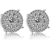 Flower Cluster 14k White Gold Plated 925 Sterling Silver Large Round Hypoallergenic CZ Stone Ice Out Screw On Back Hip Hop Stud Big Circle Shape Earrings For Men