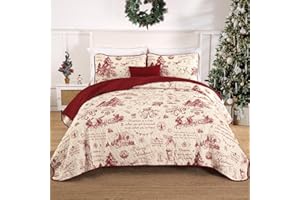 DJOYMOCK Christmas Quilt Set Queen Size, 3 Pcs Merry Christmas Theme Bedding Set with Shams, Red Santa Claus Seal Reindeer Sled Snowman Snowflake Xmas Trees Winter Bedspreads Coverlet Set for Girls Boys Gifts