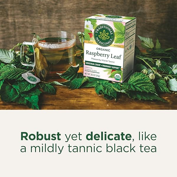TRADITIONAL MEDICINALS ORGANIC RASPBERRY LEAF HERBAL TEA, EASES MENSTRUAL CRAMPS & SUPPORTS HEALTHY PREGNANCY, (PACK OF 1) – 16 TEA BAGS