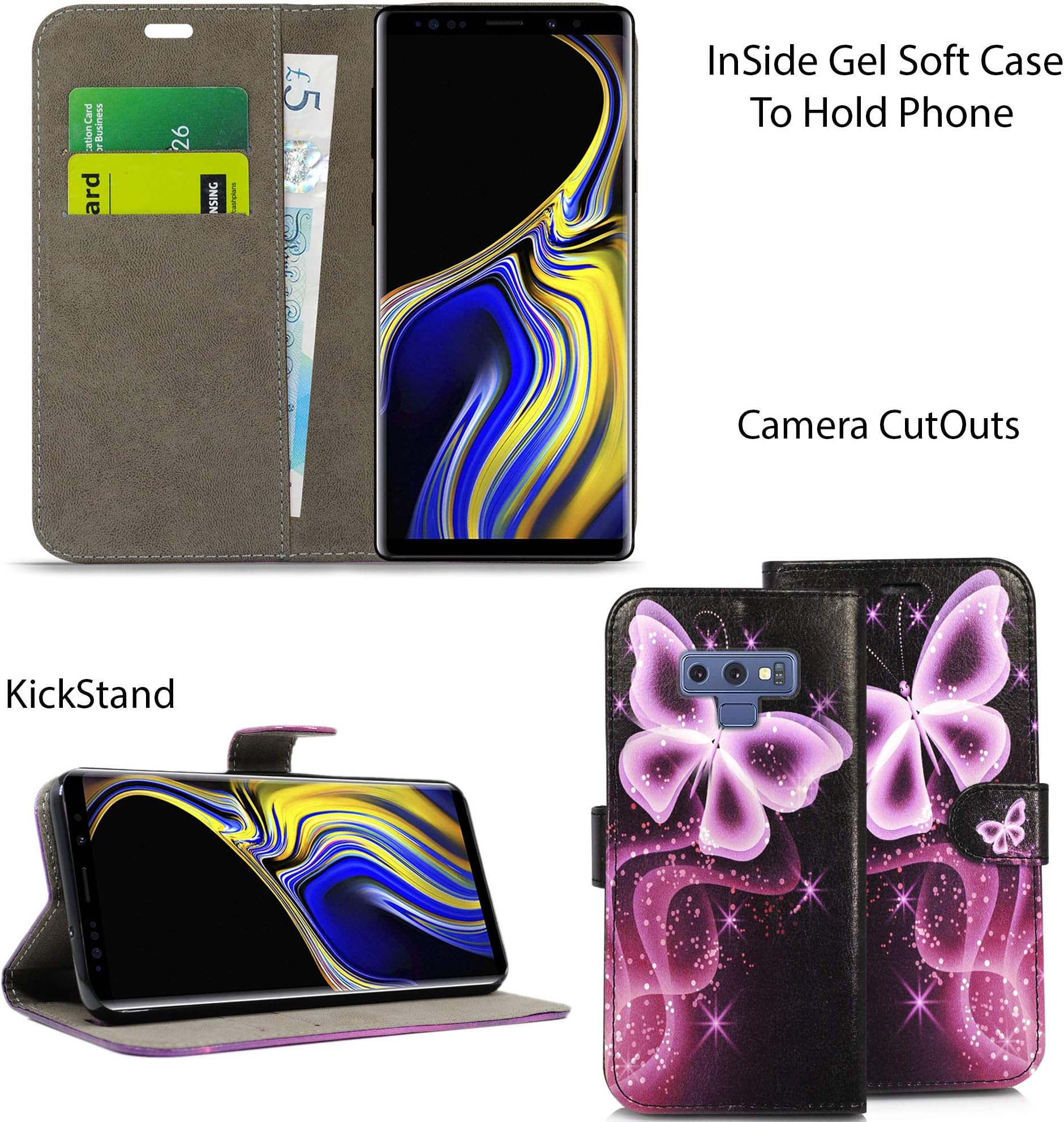 Blueenza Case For Samsung Galaxy Note 9 N960F - Mobile Phone [Case] Premium Cover Flip Folio Magnetic Book [Wallet] Card Slots & Handy Stand Feature Kickstand for Smartphone (2 Butterflies 3D)