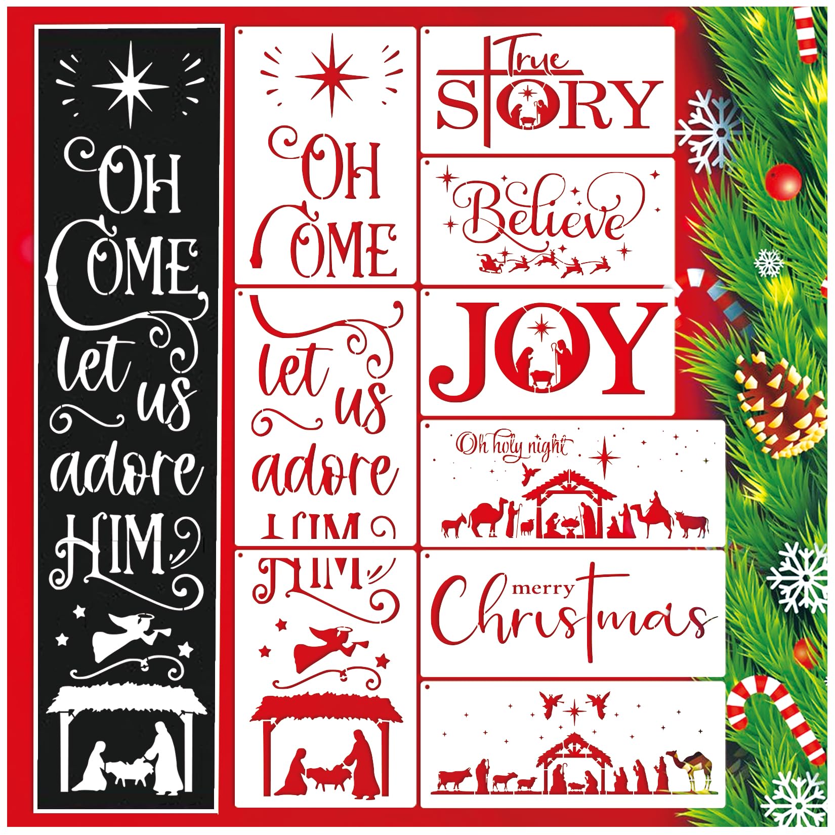 9 PCS Christmas Nativity Stencils for Painting on Wood Reusable Joy Believe Templates Merry Christmas Stencils for Porch Sign Doormat Door Hanger (9 Nativity)