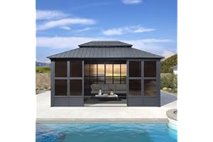 PURPLE LEAF 12' X 16' Outdoor Hardtop Gazebo Double Top Patio Screen House Aluminum Solarium Backyard Sun Room with Detachabl