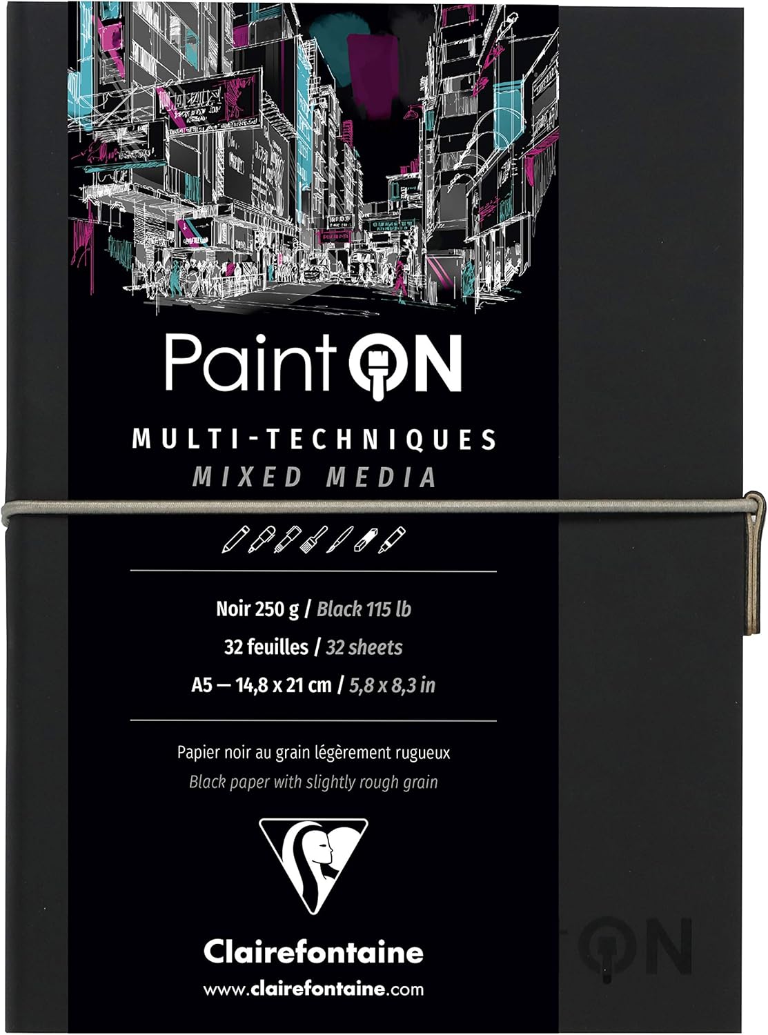 Clairefontaine, Ref 975185C, Paint'On Multi-Technique Black Sewn Art Book (32 Sheets), A5 Size, 250gsm Paper, Acid Free