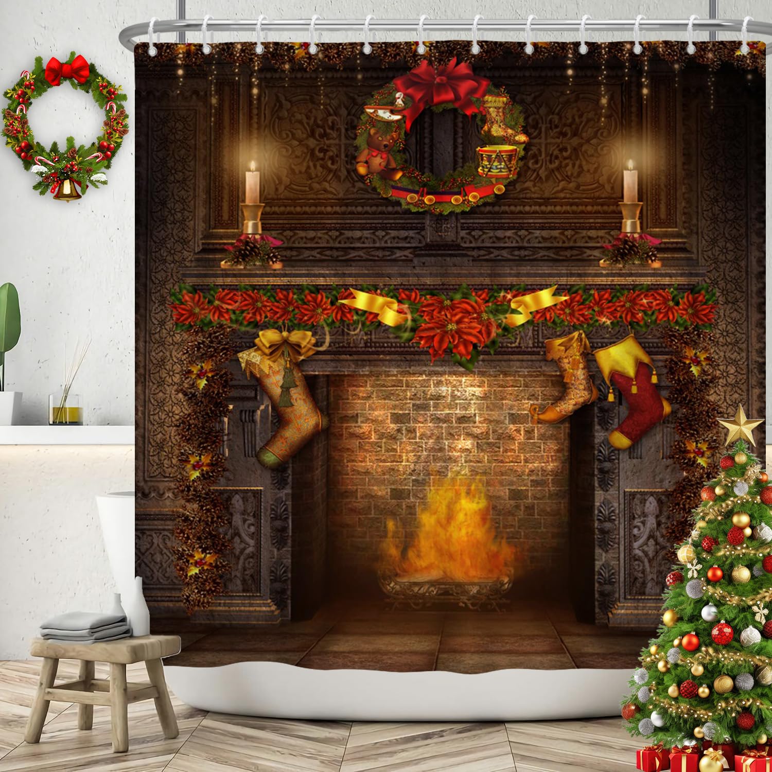 SDOTPMT 180x198cm Christmas Fireplace Shower Curtain Merry Christmas Exquisite Socks Gift Bath Curtain Vintage Brown Brick Wall Winter Holiday Curtain for Bathroom Fabric Polyester with Hooks
