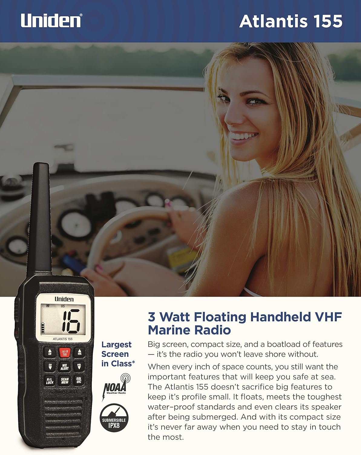 Uniden Atlantis 155 Handheld Two-Way VHF Marine Radio, Floating IPX7 Submersible Waterproof, Dual-Color Screen, All USA/International/Canadian Marine Channels, NOAA Weather Alert, 10 Hour Battery