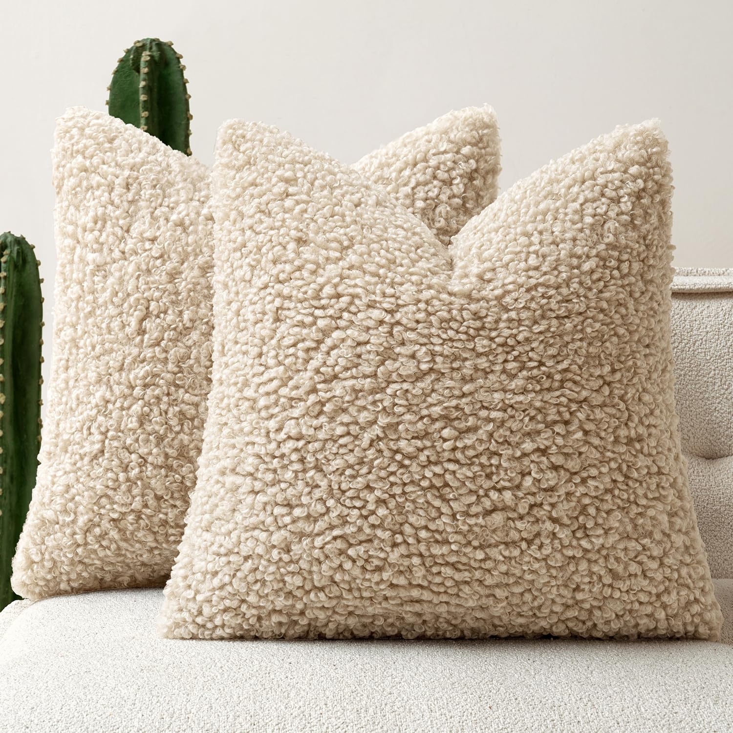Photo 1 of Woaboy Faux Fur Throw Pillow Covers 20x20 Inch Set of 2 Boucle Neutral Decorative Sherpa Fuzzy Accent Soft Sheepskin Fleece Cushions Modern Home Decor for Couch Sofa Bedroom Living Room,Oatmeal
