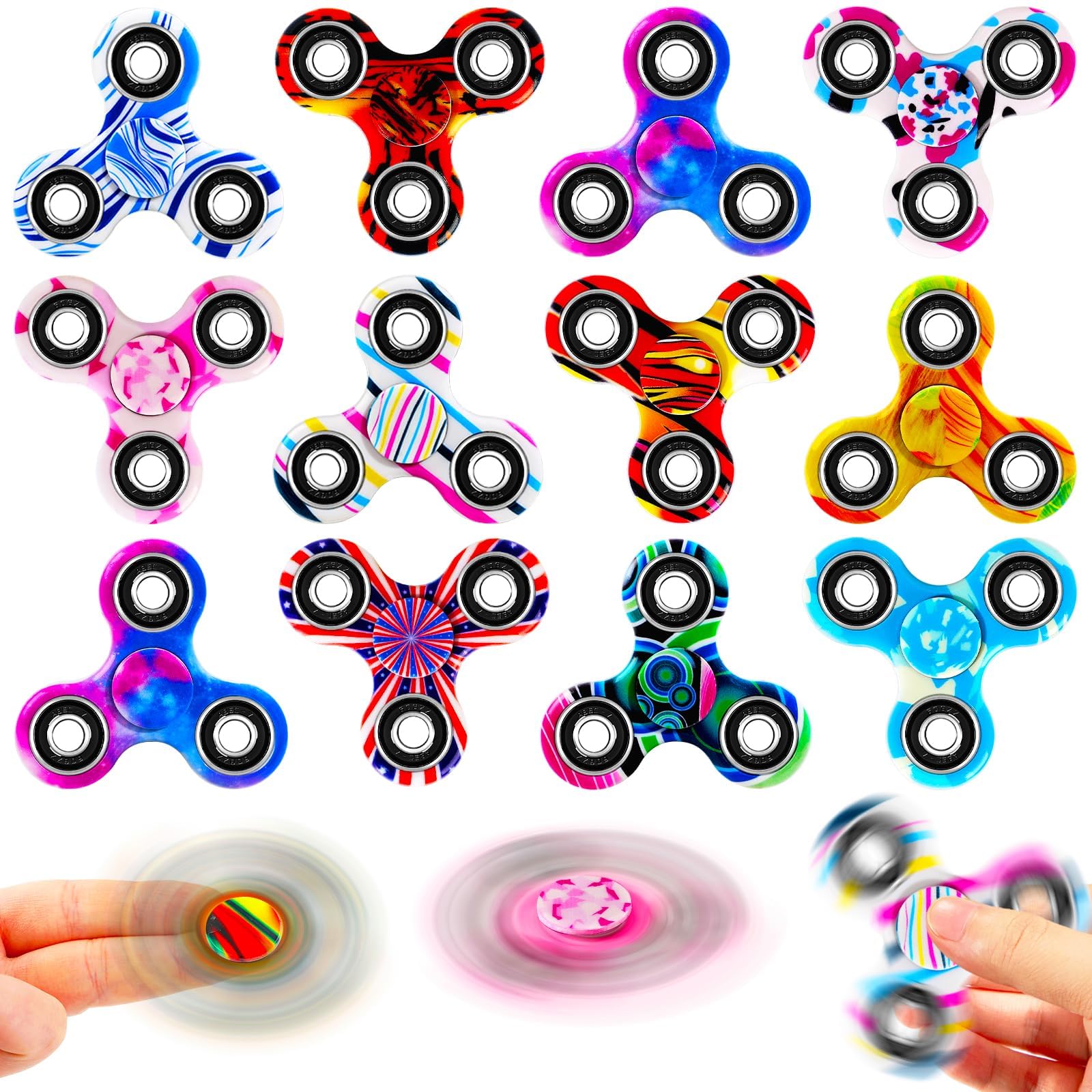 SCIONE Fidget Spinner 12 Pack - Stress Relief & Anxiety Fidget Toys for ADHD, Kids and Adults - High-Speed Bearing Focus Finger Toys, Ideal for Pass the Parcel Prizes, Party Bag Fillers and Gifts