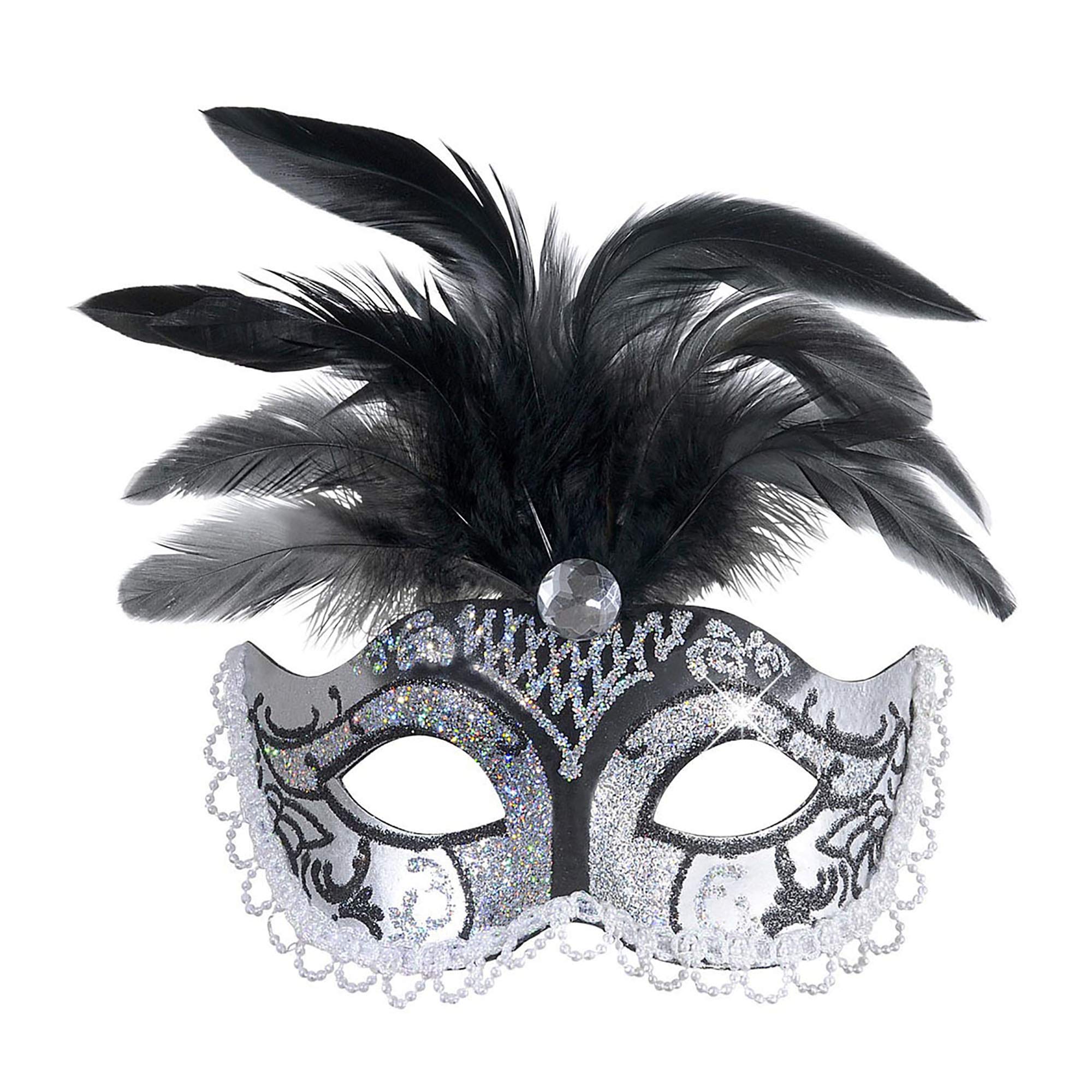 Silver Black Glitter Eyemask withGem & Feathers Vanity Star Masks Eyemasks & Disguises for Masquerade Fancy Dress Costume Accessory
